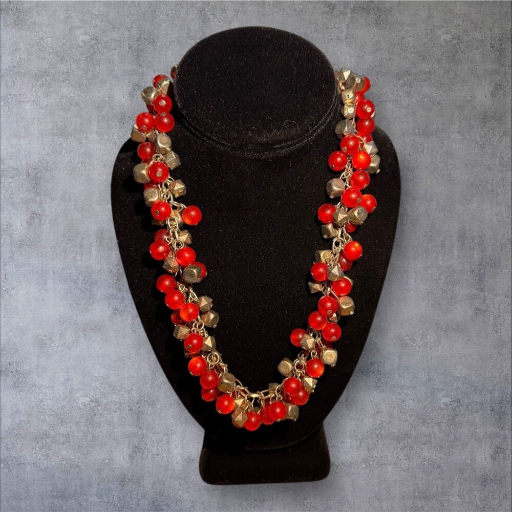 Vintage Red Beaded Statement Necklace With Gold-Tone Chain & Adjustable Clasp